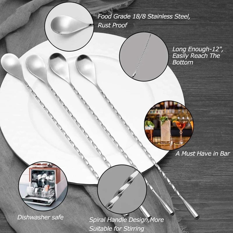 4 PC 12Inch Cocktail Stirrers,304 Stainless Steel Mixing Cocktail Spoon,Spiral Pattern Bar Cocktail Shaker Spoon 
4 PC 12Inch Cocktail Stirrers,304 Stainless Steel Mixing Cocktail Spoon,Spiral Pattern Bar Cocktail Shaker Spoon