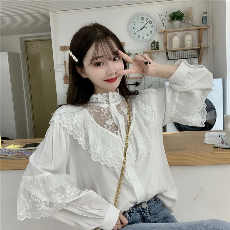 Autumn Korean Sweet Loose Clothes Lace Up Ruffled Women Blouses Fashion Stand Ladies Tops Vintage Lace Shirts Women
Autumn Korean Sweet Loose Clothes Lace Up Ruffled Women Blouses Fashion Stand Ladies Tops Vintage Lace Shirts Women