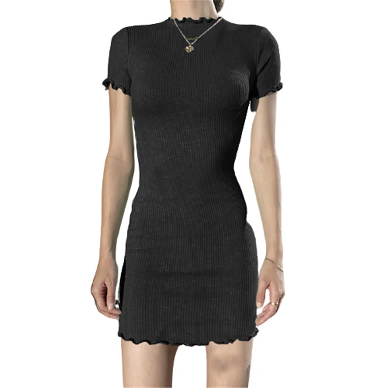 New 2021 Women Solid Dress Summer O-Neck Wood Ear Ribbed Short-Sleeve Mini Dress Sexy Bodycon Office Ladies Black Dress Vestidos 
New 2021 Women Solid Dress Summer O-Neck Wood Ear Ribbed Short-Sleeve Mini Dress Sexy Bodycon Office Ladies Black Dress Vestidos
