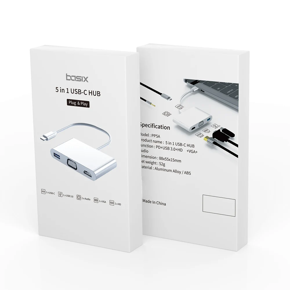 PP5A 5 in 1 Type C Hub 4K 1080P HDMI-Compatible + VGA PD 5Gbps USB Hub Support 3.5mm Audio Output for Andorid Phone Computer
PP5A 5 in 1 Type C Hub 4K 1080P HDMI-Compatible + VGA PD 5Gbps USB Hub Support 3.5mm Audio Output for Andorid Phone Computer