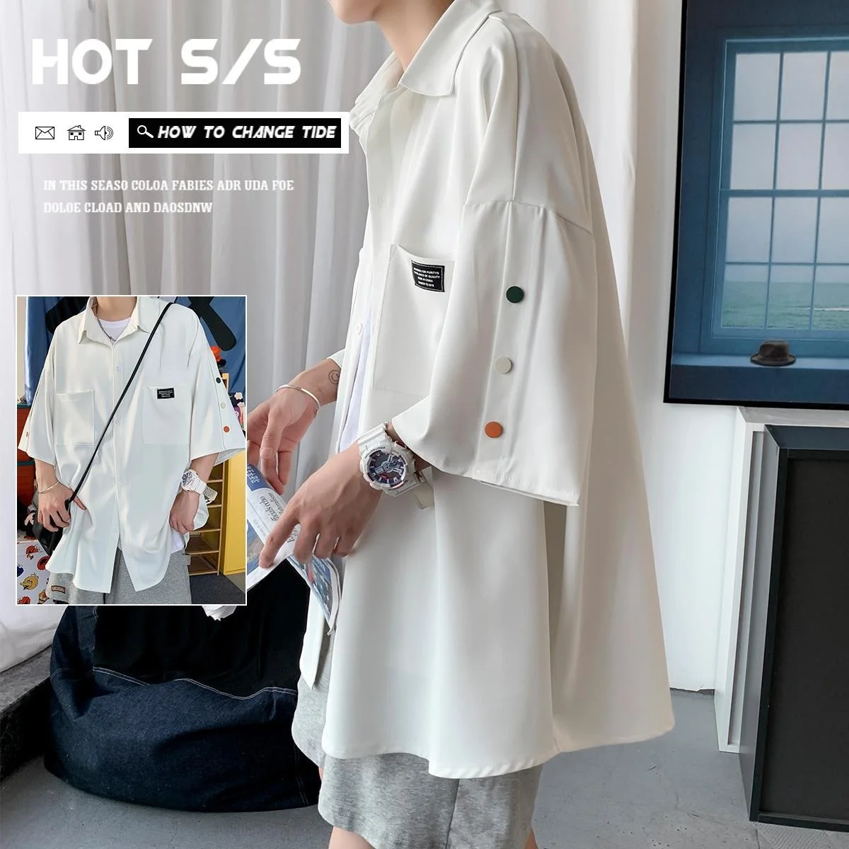 

Button up short sleeve shirt summer men's loose half sleeve uniform top ruffian handsome Brand Hong Kong style very fairy coat