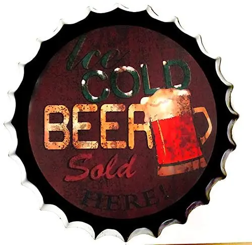 

Tin Sign Bottle Cap Metal Tin Sign Refreshing Cold Beer , Round Metal Signs for Home and Kitchen Bar Cafe Gas Station Garage