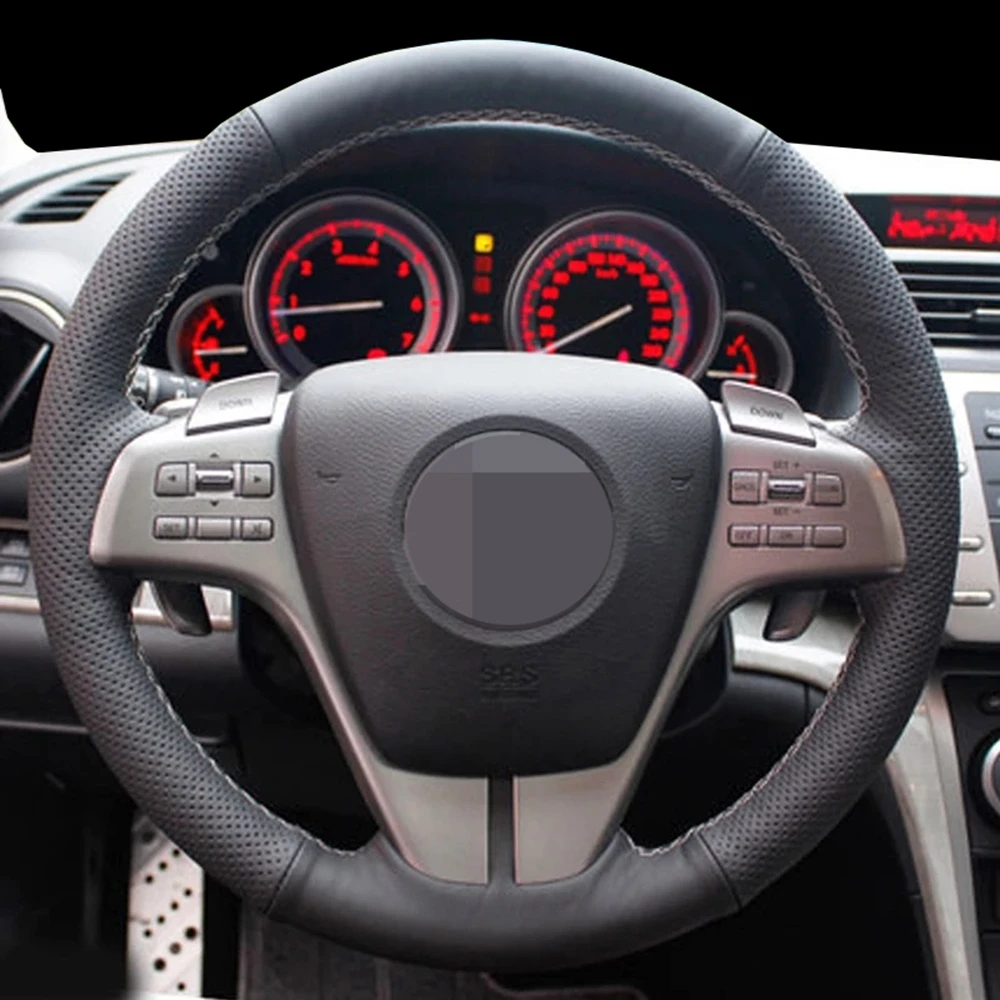 

DIY Black Genuine Leather Hand-Sewn Car Steering Wheel Cover For More Comfortable Briving Suitable For Mazda 3 Mazda 6 2009