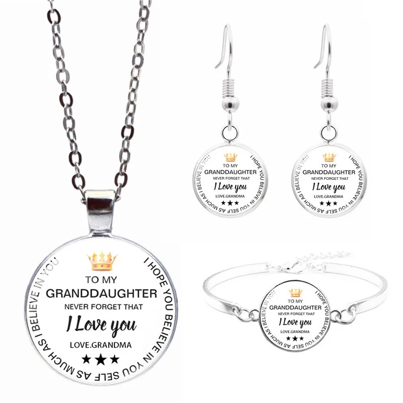 To My Granddaughter Love Grandma Glass Pendant Necklace Bracelet Earrings Jewelry Set Totally 4Pcs for Women's Fashion Jewelry
To My Granddaughter Love Grandma Glass Pendant Necklace Bracelet Earrings Jewelry Set Totally 4Pcs for Women's Fashion Jewelry