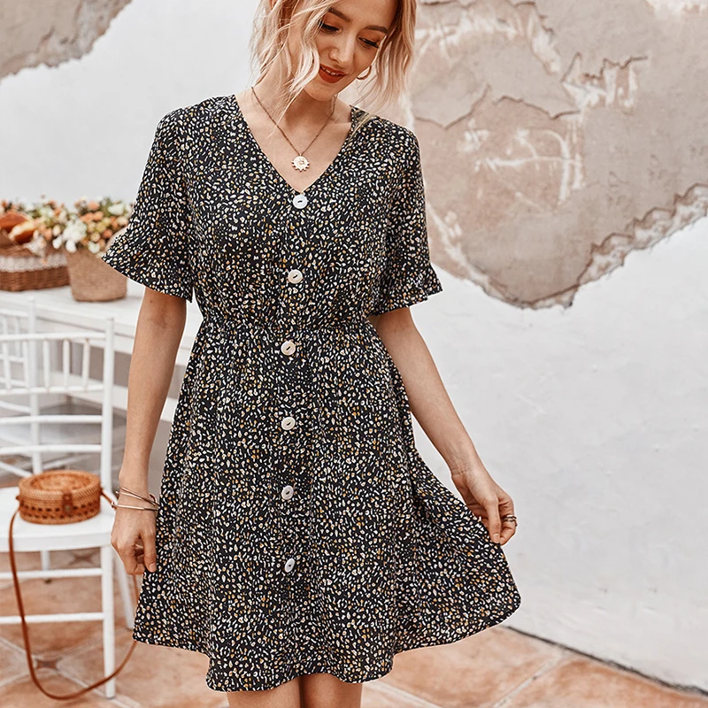 Butterfly Sleeve V-neck Flowers Print Short Summer Dress Women Buttons Floral High Waist Dresses Holiday Beach Vestidos 2020
Butterfly Sleeve V-neck Flowers Print Short Summer Dress Women Buttons Floral High Waist Dresses Holiday Beach Vestidos 2020
