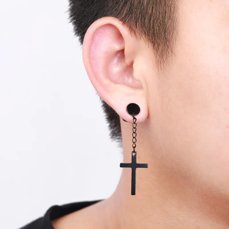 

Stainless Steel Cross Pendant Tassel Dangle Earrings For Women/men Hiphop Jewelry Punk Piercing Ear Nail Statement Earrings 1pcs