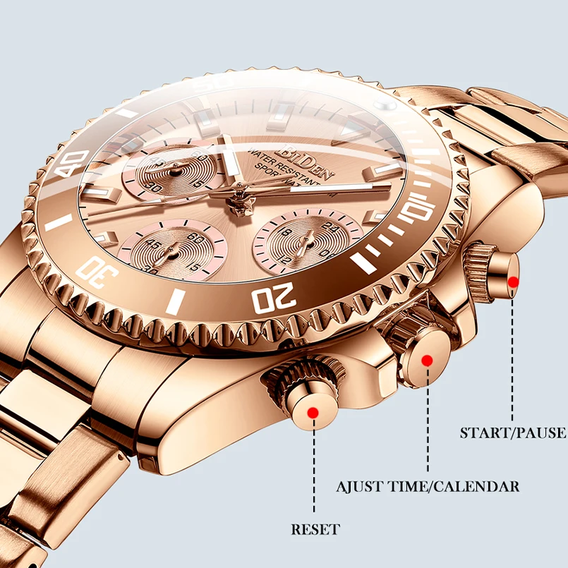 Брендовые роскошные женские кварцевые часы BIDEN с хронографом и календарем тремя