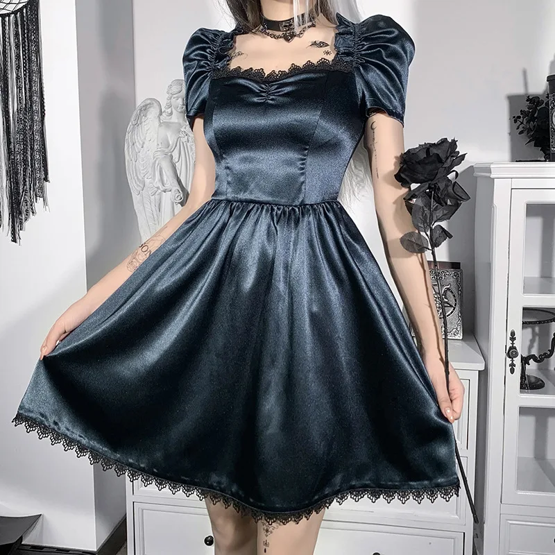 

Женское платье с пышными рукавами Dark Goth, элегантное винтажное платье-трапеция с кружевной отделкой, облегающее Клубное платье с рюшами спер...