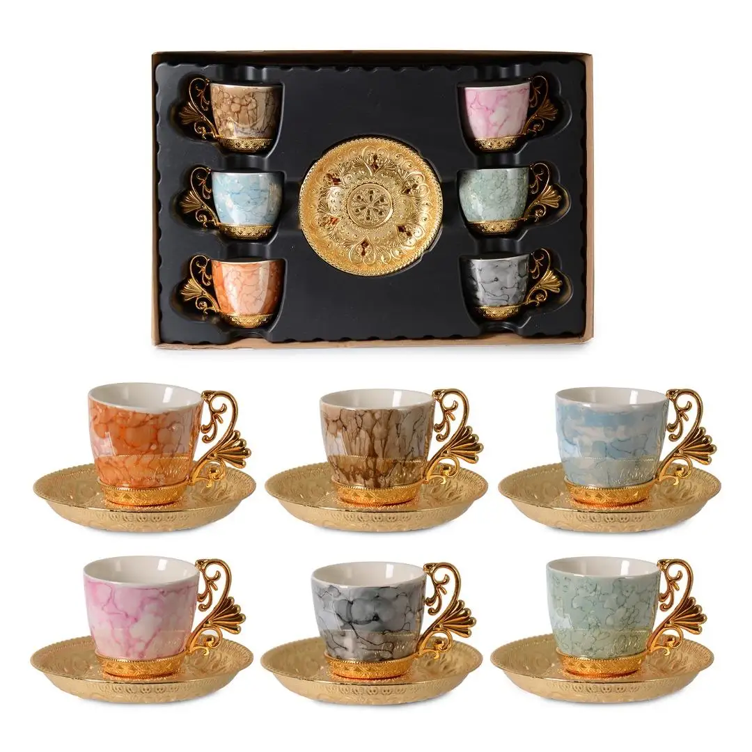 

Espresso Coffee Cups with Saucers Set of 6, Porcelain Turkish Arabic Greek Coffee Cup Saucer, coffee Cup set wedding Gifts, Gold/Mix