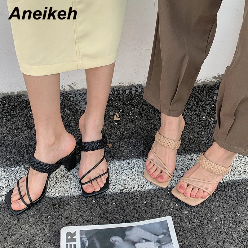 

Aneikeh 2022 New Fashion Summer Women's Solid PU Weaving Ankle Slip-On Slides Concise Square Open Toe High Heel Outdoor Slippers
