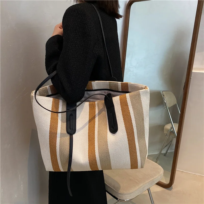 Female Totes Women's Bag Large Capacity Fashion Canvas Striped Shoulder Shopper Bags For Women Luxury Designer Shopping Handbag
Female Totes Women's Bag Large Capacity Fashion Canvas Striped Shoulder Shopper Bags For Women Luxury Designer Shopping Handbag