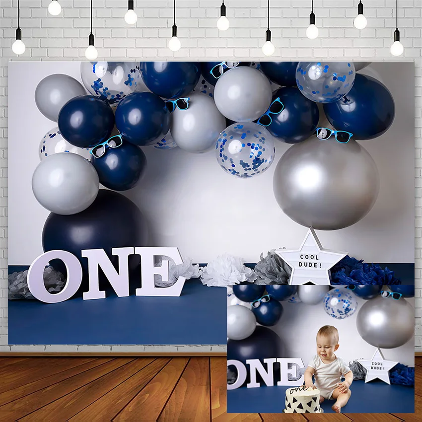 

Avezano 1st Happy Birthday Party Backdrops Blue Silver Balloon Star Sunglasses Boy Background Photography Studio Photocall Decor