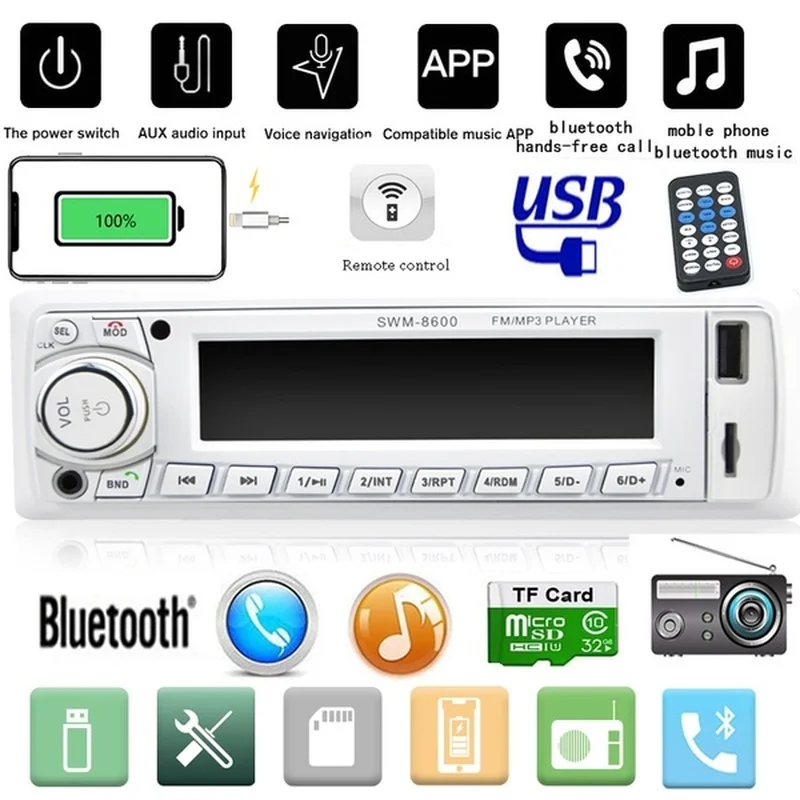 SWM-8600 ЖК-экран Автомобильный MP3-плеер Стерео аудио Bluetooth Вызов Подключаемая карта USB флэш-диск Универсальный радиопульт дистанционного управ...
SWM-8600 ЖК-экран Автомобильный MP3-плеер Стерео аудио Bluetooth Вызов Подключаемая карта USB флэш-диск Универсальный радиопульт дистанционного управ...