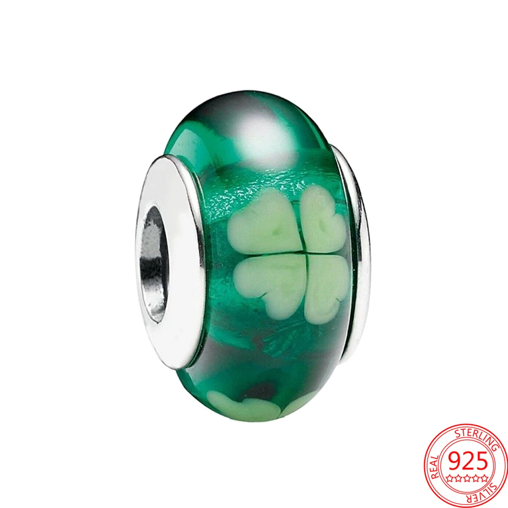 Новинка, Бусины Из искусственной серебристой и зеленой муранской глазури с четырьмя листьями, подходят для оригинальных женских ювелирных ...