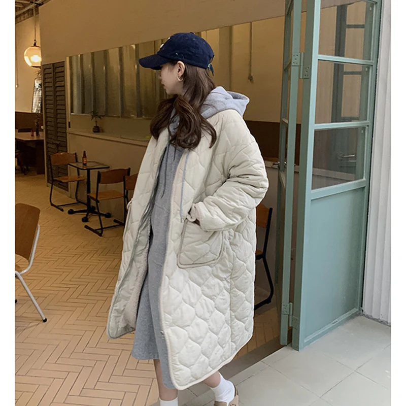 

Huang Zheng's thickened Lingge cotton padded jacket women's 2021 winter Korean version loose medium and long knee length cotton