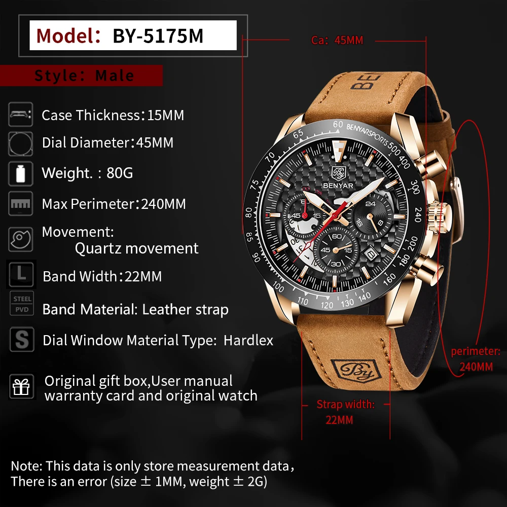 

BENYAR Designs The 2021 New Top Brand Fashion Simple Men's Quartz Watch Multi-functional Waterproof Leather Timing Watch Relogio