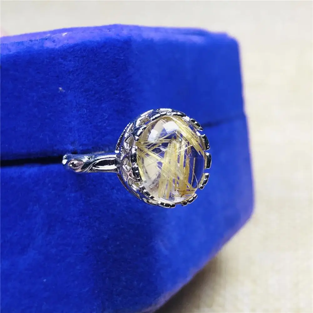 Adjustable Size Ring 12mm Natural Gold Rutilated Quartz For Woman Man 925 Silver Sterling Metal Crystal JewelryAAAAA | Украшения и
