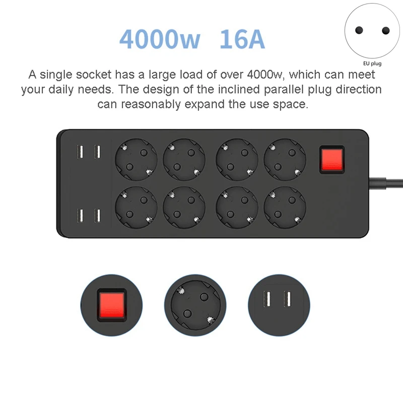 Power Strip Electrical Socket 4 USB Charger Adapter 8 Outlet Surge Protection Switch Home Outlet EU Plug
Power Strip Electrical Socket 4 USB Charger Adapter 8 Outlet Surge Protection Switch Home Outlet EU Plug