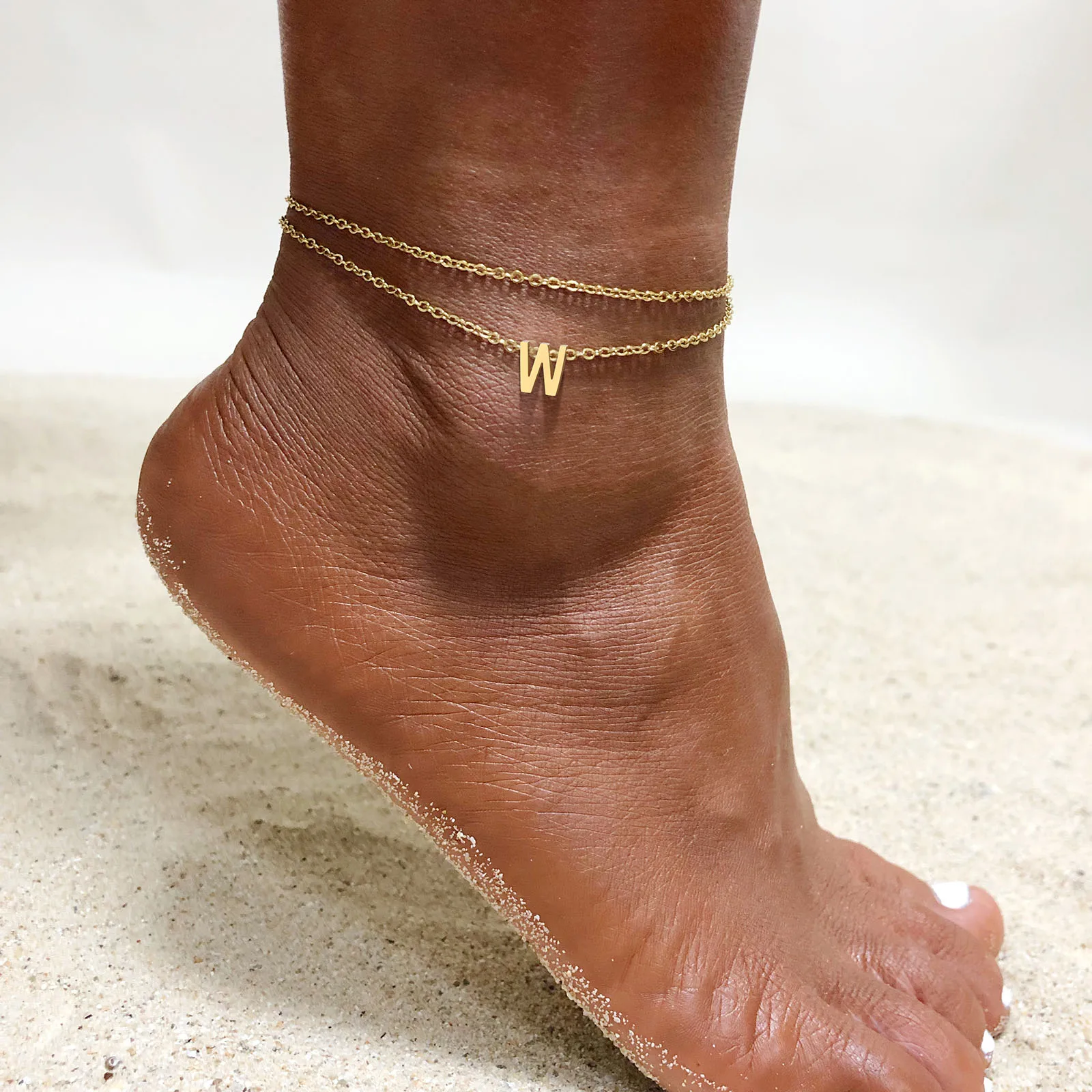 

Layered Initial Bracelet Anklet for Women Stainless Steel Foot Chain A - Z Letter Ankles Bohemian Summer Beach Gift