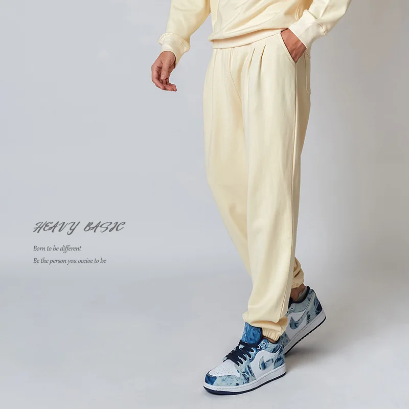 

Autumn New Style 360g Pure Cotton Heavyweight Ivory White Male Drape Terry Knitting Casual Loose Oversized Trousers