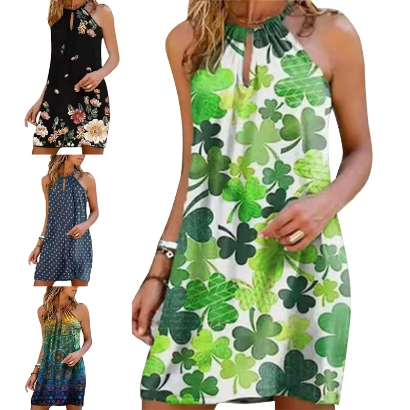 Women Summer Sexy Halter Sleeveless Swing Mini Dress Bohemian Floral Geometry Print Off Shoulder Hollow Keyhole Front Beach Par 
Women Summer Sexy Halter Sleeveless Swing Mini Dress Bohemian Floral Geometry Print Off Shoulder Hollow Keyhole Front Beach Par