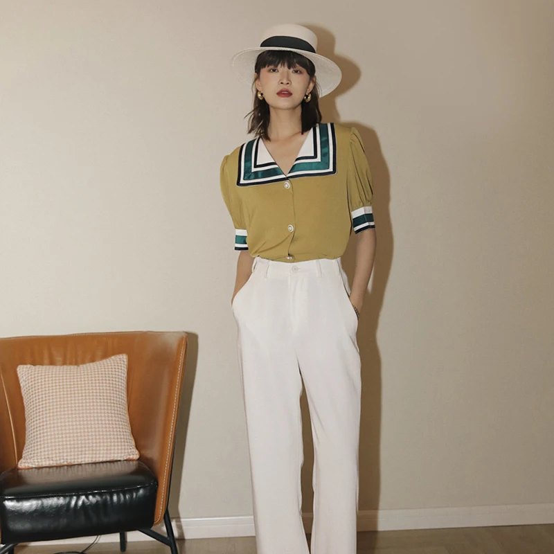 Blouse Women Vintage Sailor Collar Puff Short Sleeve Yellow Summer Ladies Tops Satin Buttons Stripe Blusas Korean Shirt Clothing
Blouse Women Vintage Sailor Collar Puff Short Sleeve Yellow Summer Ladies Tops Satin Buttons Stripe Blusas Korean Shirt Clothing