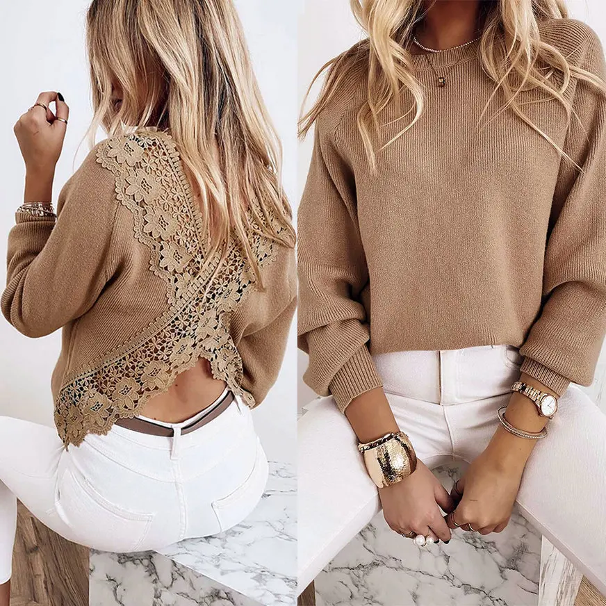 2021 Spring Sexy Backless Women Tshirts Casual Brown O Neck Lace Patchwork Hollow Out Pullover Tops Ladies Long Sleeve Tee Shirt
2021 Spring Sexy Backless Women Tshirts Casual Brown O Neck Lace Patchwork Hollow Out Pullover Tops Ladies Long Sleeve Tee Shirt
