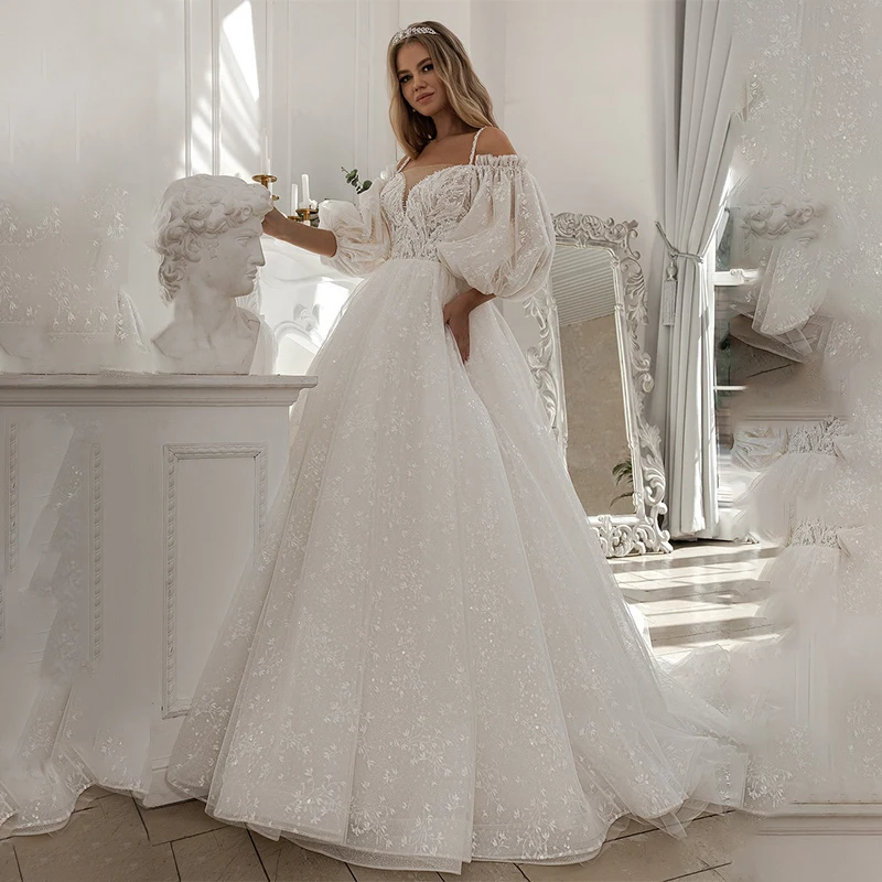 Graceful V-Neck Wedding Dresses Long Puff Sleeves Tulle A Line Lace Applique Off Shoulder Bridal Gowns
Graceful V-Neck Wedding Dresses Long Puff Sleeves Tulle A Line Lace Applique Off Shoulder Bridal Gowns