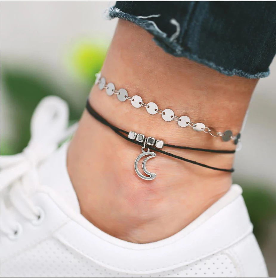 Anklet set black string rope through cube moon pendant coin Chain silver color Plated Women girls foot Gift
Anklet set black string rope through cube moon pendant coin Chain silver color Plated Women girls foot Gift