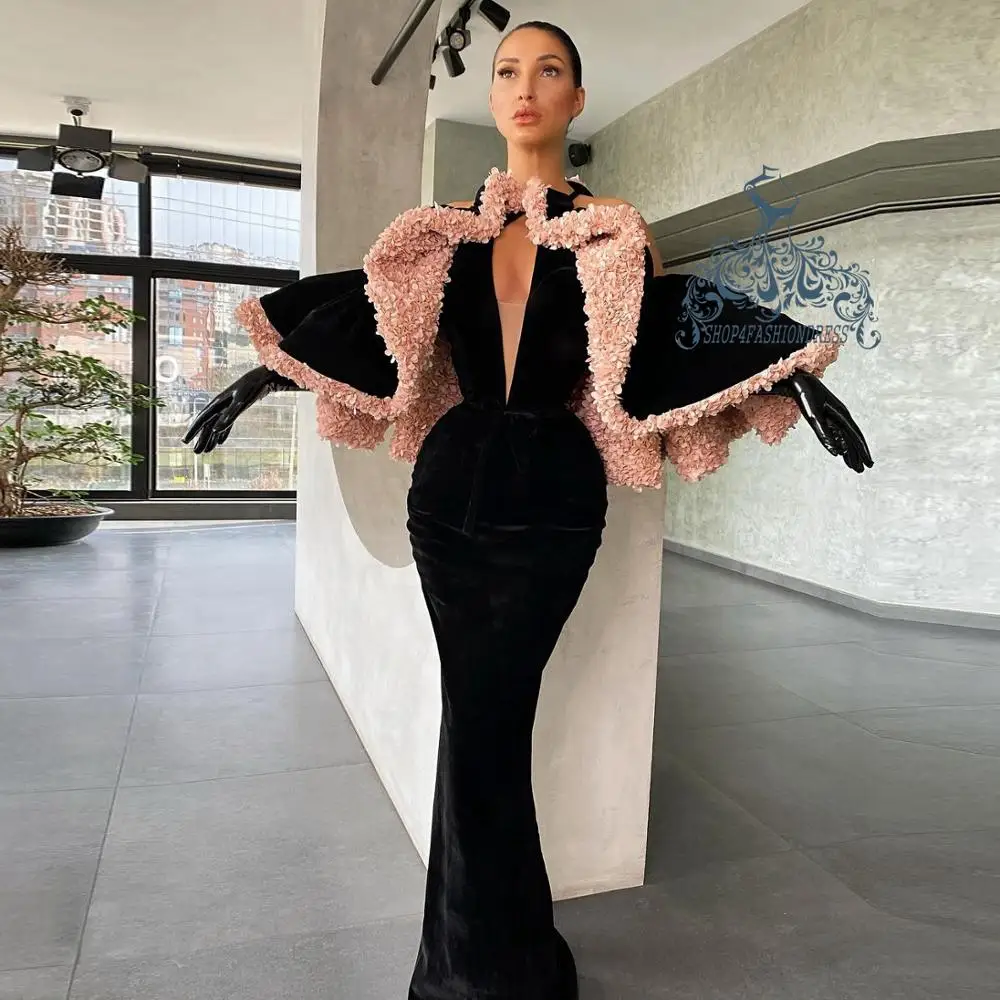 Elegant Black Velour Mermaid Prom Dresses With Ruffles Puffy Shawl Sexy Deep V-neck Long Evening Gowns Celebrity Party Dresses
Elegant Black Velour Mermaid Prom Dresses With Ruffles Puffy Shawl Sexy Deep V-neck Long Evening Gowns Celebrity Party Dresses