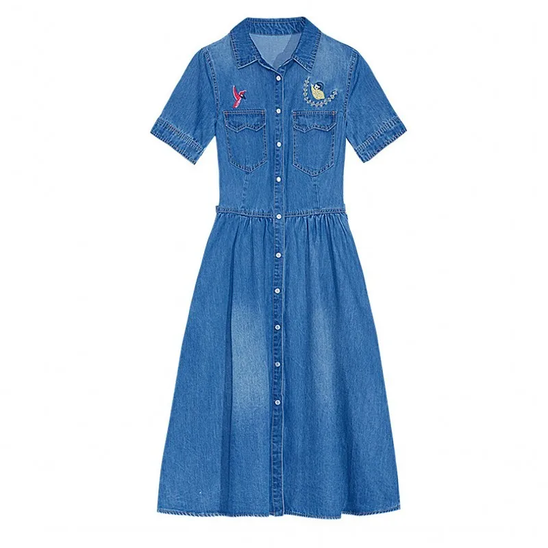Top Brand Embroidery Pockets Short Sleeve Womens Denim Dresses Fashion Single Breasted Lapel Medium Length Female A-Line Dresses 
Top Brand Embroidery Pockets Short Sleeve Womens Denim Dresses Fashion Single Breasted Lapel Medium Length Female A-Line Dresses