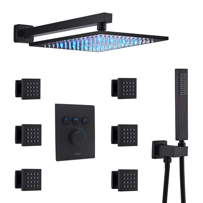 Bathroom 12 Inch LED Rain Shower Body Jet Spray Sytem with Handheld, Wall Mounted Matte Black Shower Faucet Combo set
Bathroom 12 Inch LED Rain Shower Body Jet Spray Sytem with Handheld, Wall Mounted Matte Black Shower Faucet Combo set