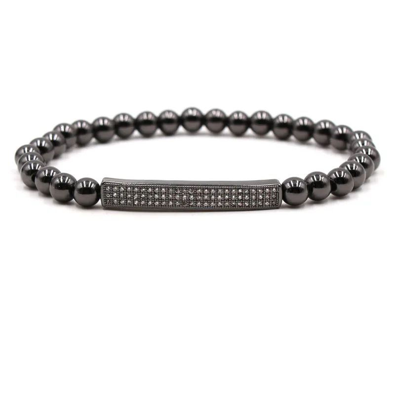 

Classic 6mm 4 color Hematite stone bead Bracelets Pave CZ rectangle bracelet for Men&Women charm Handmade fashion Jewelry Bijoux
