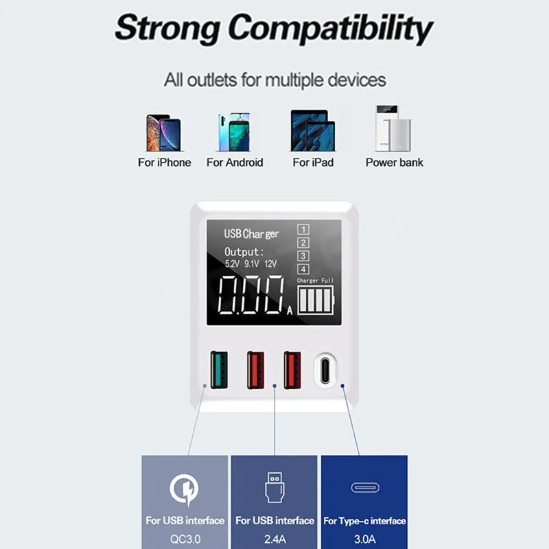 A9T 30W Foldable Travel Charger Plug QC3.0+Type-C 4-Port USB Smart Identification Display Mobile Phone Fast Charge Charger Plug
A9T 30W Foldable Travel Charger Plug QC3.0+Type-C 4-Port USB Smart Identification Display Mobile Phone Fast Charge Charger Plug