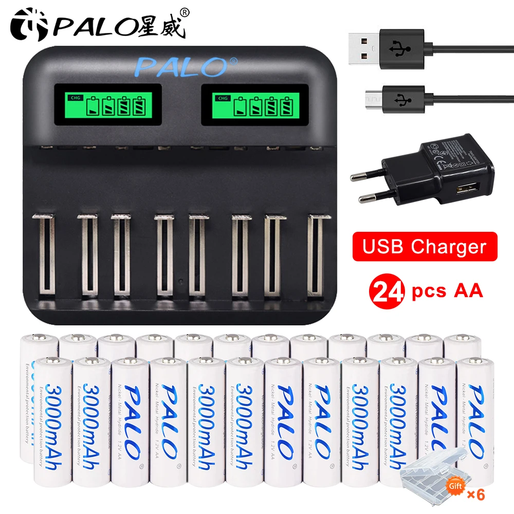 

8-24pcs Palo AA Rechargeable Battery AA NiMH 1.2V 3000mAh Ni-MH 2A Pre-charged Bateria Low Self Discharge AA Batteries
