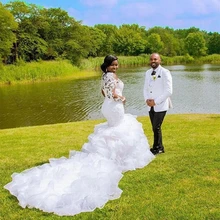 Cheer Ruffles Long Train Mermaid Dress Lace Beaded Plus Size African Wedding Gown 2024