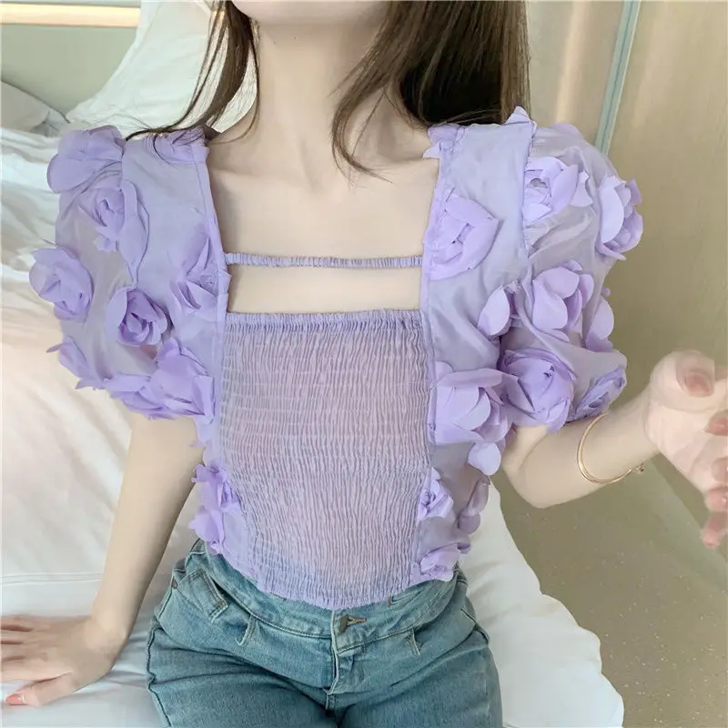 Women Summer Shirts All-Match Blouses Short Rose Flower Sleeve Splice Ladies Square Collar Loose Elegant Tops Blusas DM0625 
Women Summer Shirts All-Match Blouses Short Rose Flower Sleeve Splice Ladies Square Collar Loose Elegant Tops Blusas DM0625
