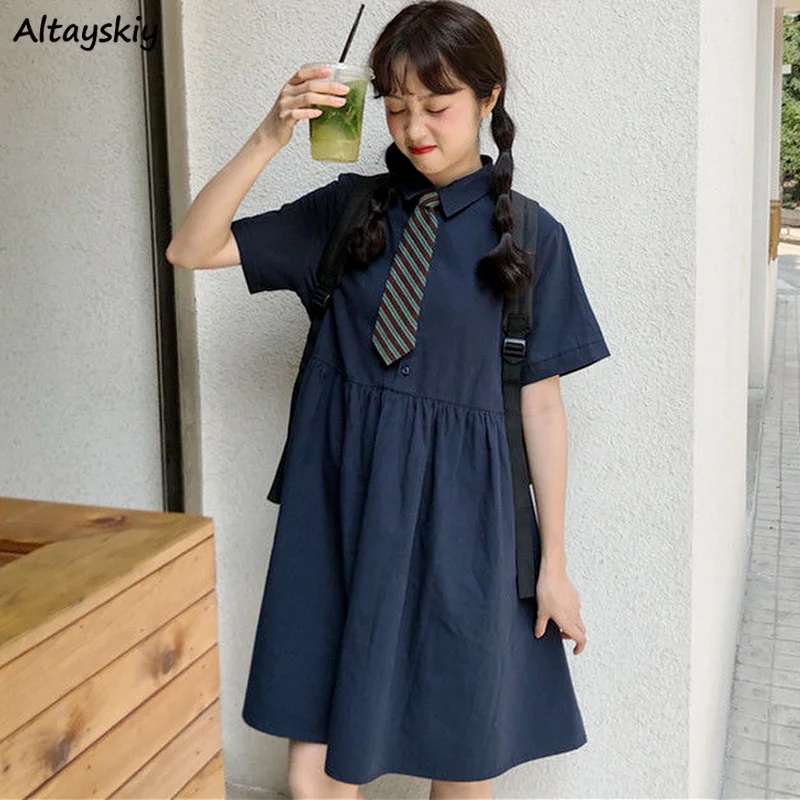 Dresses Women Solid Turn-down Collar Loose High Waist Short Sleeve Stylish Student Vestidos Harajuku Streetwear All-match Chic
Dresses Women Solid Turn-down Collar Loose High Waist Short Sleeve Stylish Student Vestidos Harajuku Streetwear All-match Chic