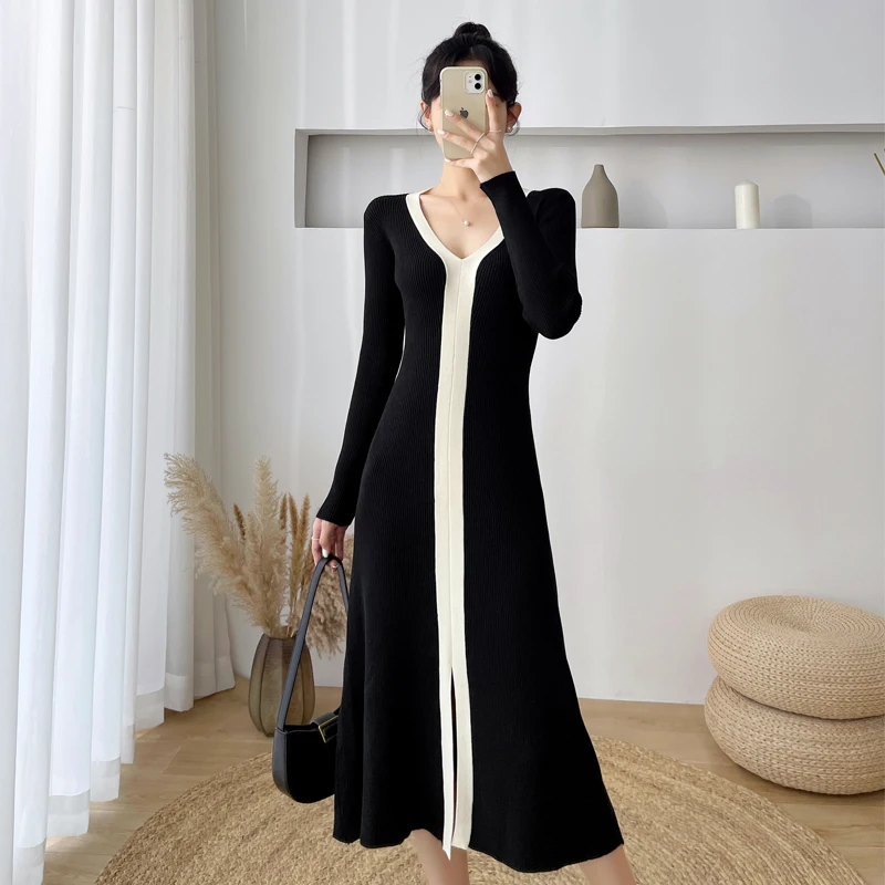 sexy dress Knitted dress female fashion mid-length design sense black and white contrast color split small black dress tide
sexy dress Knitted dress female fashion mid-length design sense black and white contrast color split small black dress tide