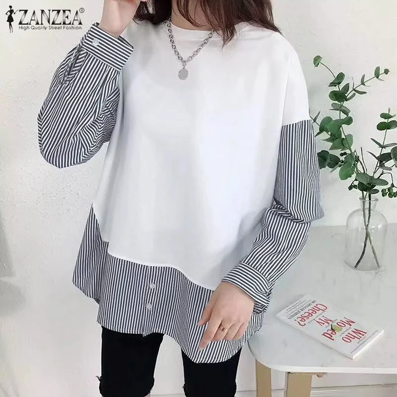 Women Elegant Print Striped Blouse ZANZEA Stylish Long Puff Sleeve O Neck Patchwork Shirt Autumn Chemise Femme Blusas Oversized 
Women Elegant Print Striped Blouse ZANZEA Stylish Long Puff Sleeve O Neck Patchwork Shirt Autumn Chemise Femme Blusas Oversized