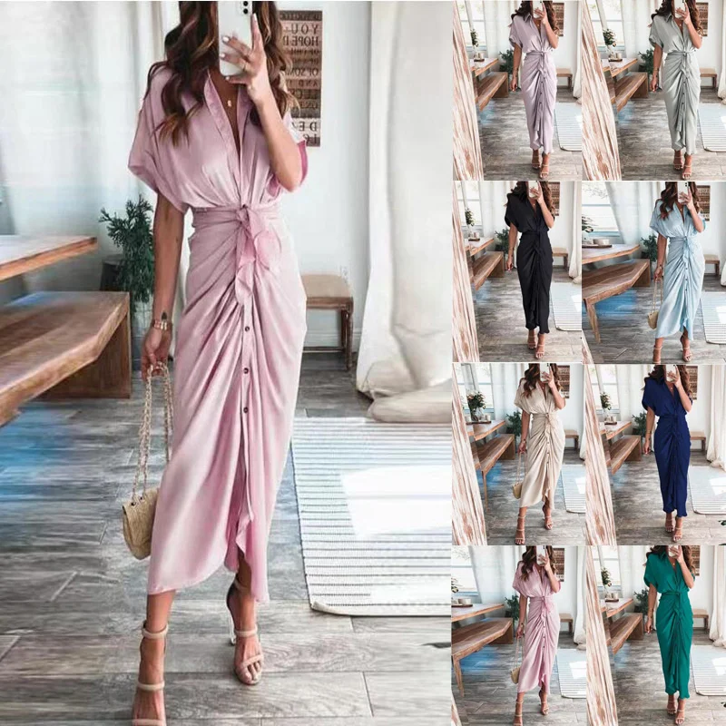 2021 Summer Elegant Satin Shirt Dress Women Button Short Sleeve Tunic Midi Dress Ladies Office V Neck Slit Draped Party Dresses