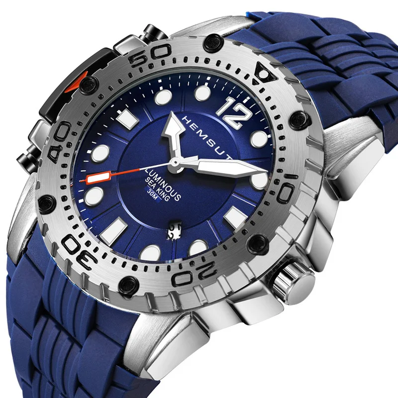 Светящиеся мужские часы HEMSUT новые с резиновым ремешком синие 2019