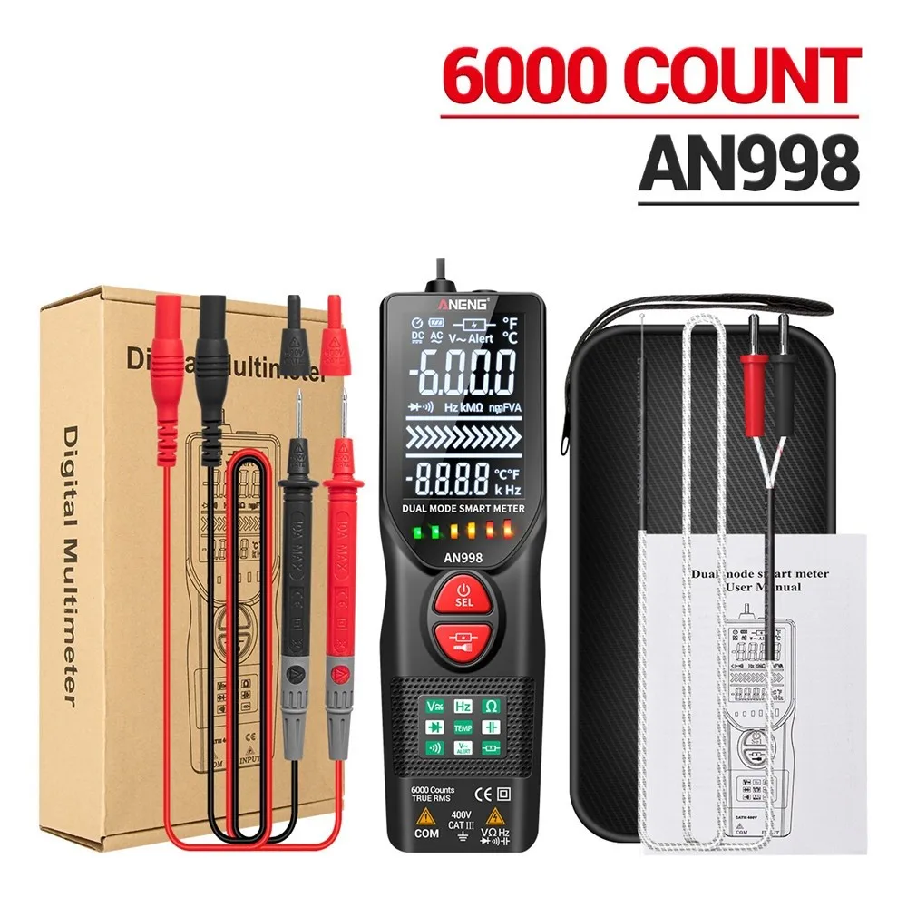AN998Automatic Digital 6000 Counting Professional Multimeter AC/D Voltmeter Tool Ranging AC/DC Voltmeter Temp Ohm Hz Detector
AN998Automatic Digital 6000 Counting Professional Multimeter AC/D Voltmeter Tool Ranging AC/DC Voltmeter Temp Ohm Hz Detector