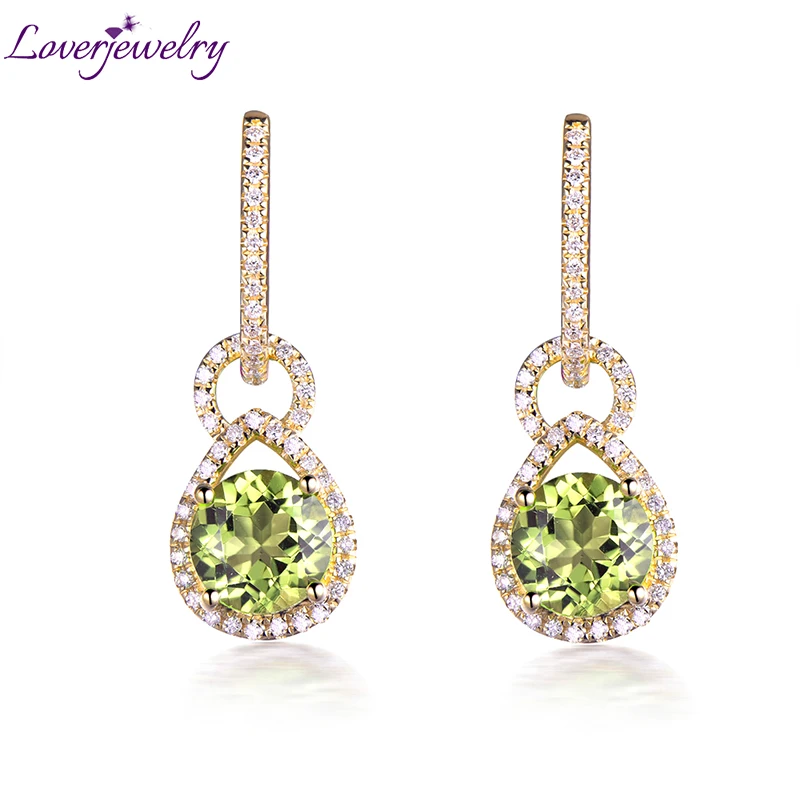 

LOVERJEWELRY Lady Peridot Earrings Pure 14Kt Yellow Gold With Genuine Diamonds Natural Peridot Drop Earrings For Women сережки