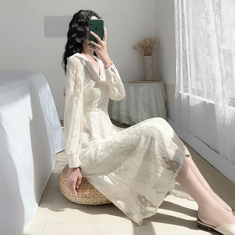2021 New Spring Autumn Elegant French Dress Women's Long Sleeved Lace Turndown Collar Slim Sweet Cute Mid-calf Dresses Y545 
2021 New Spring Autumn Elegant French Dress Women's Long Sleeved Lace Turndown Collar Slim Sweet Cute Mid-calf Dresses Y545