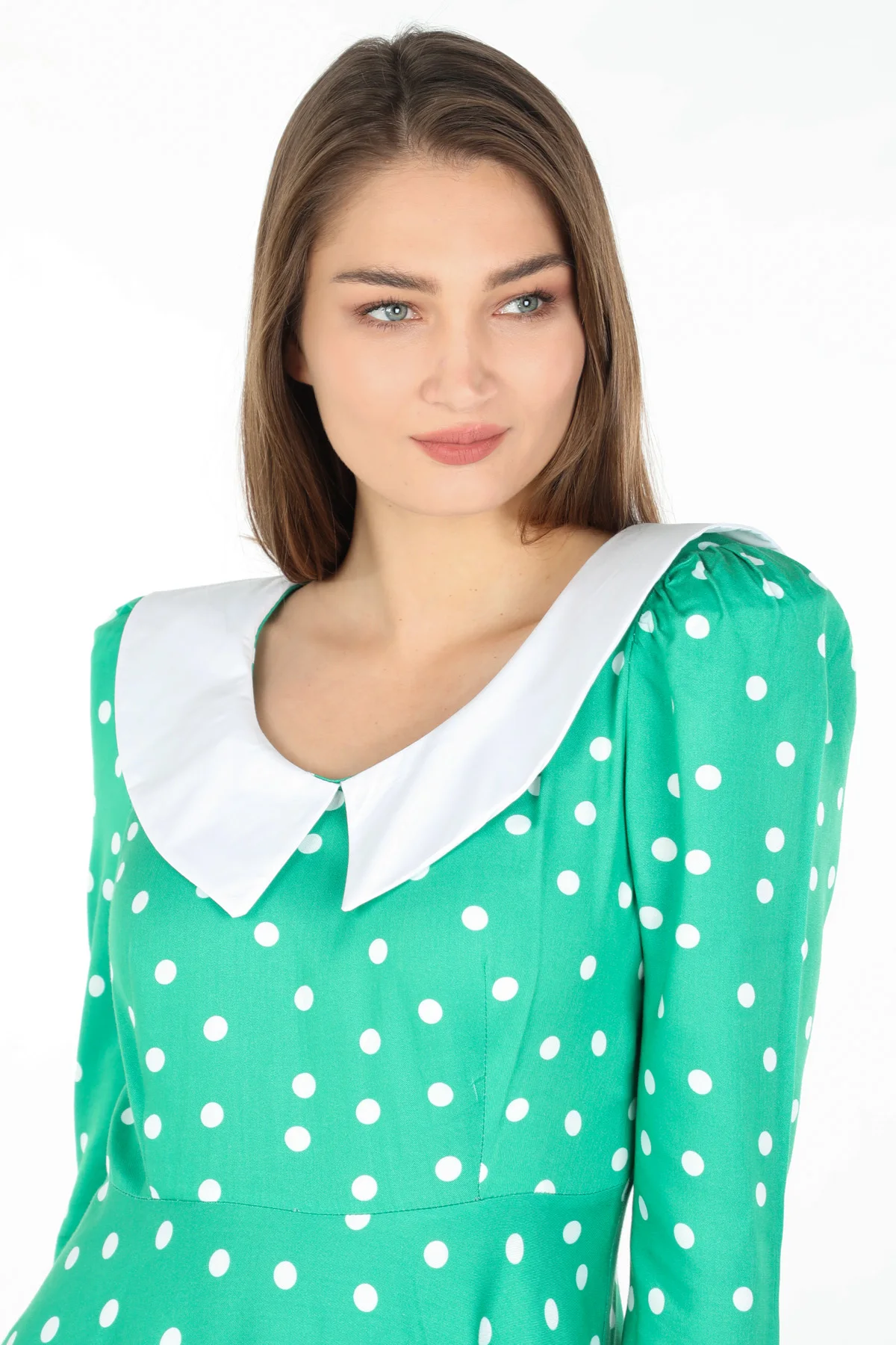 Women Collar Detailed Polka Dot Long Dress Green
Women Collar Detailed Polka Dot Long Dress Green