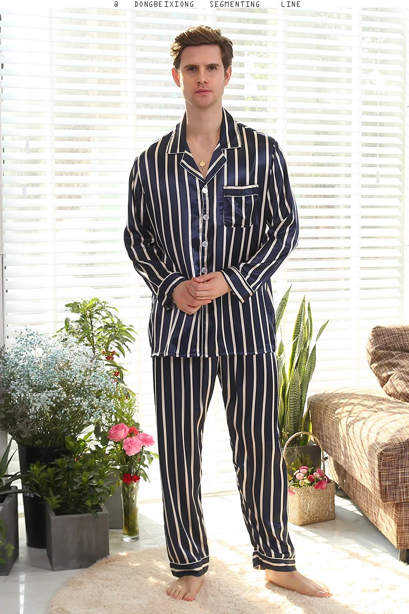 Spring Summer Men'S Imitation Silk Stripe Pajamas Men'S Long Sleeve Printed Silk Thin Home Wear Suit Lounge Negligee Pajamas
Spring Summer Men'S Imitation Silk Stripe Pajamas Men'S Long Sleeve Printed Silk Thin Home Wear Suit Lounge Negligee Pajamas