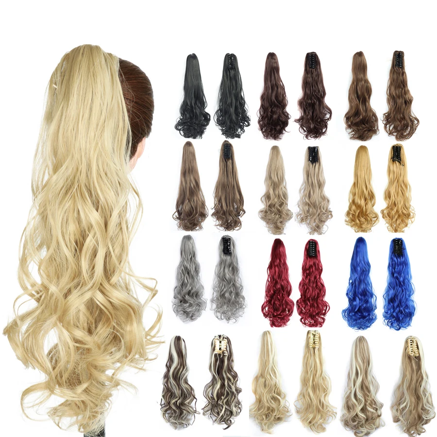 

Ponytail Extensions Claw Clip Drawstring False Pigtail 22"Synthetic Curly Wavy False Tail Hairpiece Pony Attached