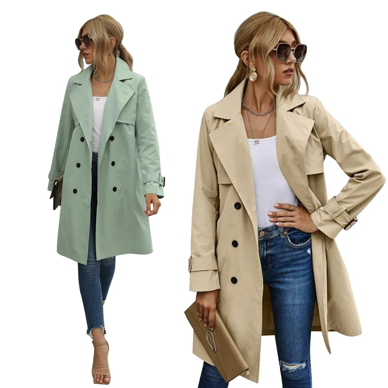 

Fashion Women Casual Solid Color Coat Adults Autumn Elagant Fashion Long Sleeve Lapel NeckDouble Breasted Belted Trench Coat /F