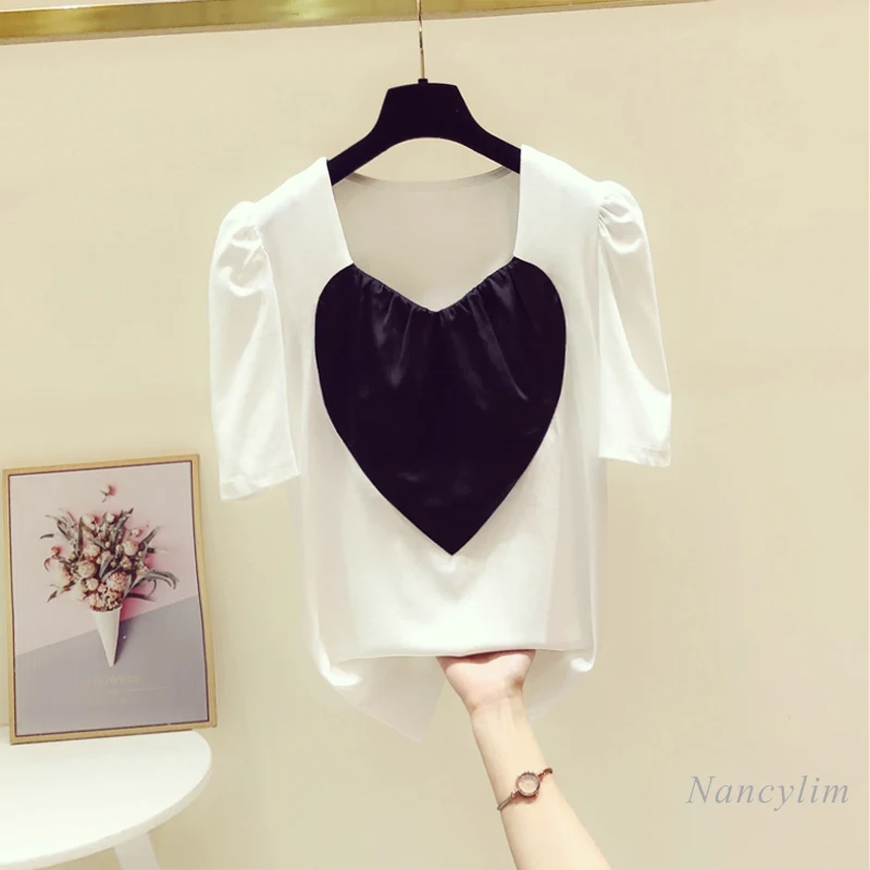 Contrast Color Heart-Shaped V-neck T-shirt Women's Short Sleeve Top 2021 Summer New Korean Style Puff Sleeve Tee White Black
Contrast Color Heart-Shaped V-neck T-shirt Women's Short Sleeve Top 2021 Summer New Korean Style Puff Sleeve Tee White Black
